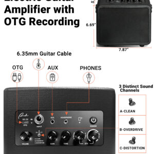 Black guitar amp interface showing OTG, 6.35mm input, headphone ports, and 3 channels