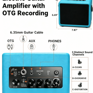 Blue guitar amp interface showing OTG, 6.35mm input, headphone ports, and 3 channels