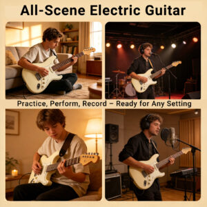 Musicians practicing, performing, and recording in studio with Ranch ST guitar