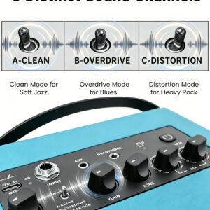 3 sound channels toggle switch on guitar amp including Clean, Overdrive, and Distortion