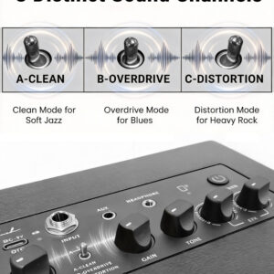 3 sound channels toggle switch on guitar amp including Clean, Overdrive, and Distortion