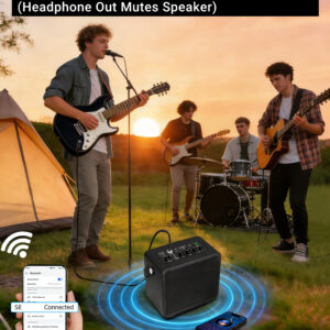 guitar amplifier syncing backing tracks from smartphone for outdoor band practice