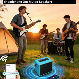 guitar amplifier syncing backing tracks from smartphone for outdoor band practice
