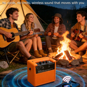 Ranch guitar amp with short range wireless connectivity playing backing tracks by campfire