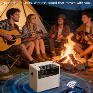 Ranch guitar amp with short range wireless connectivity playing backing tracks by campfire