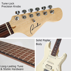 Ranch ST style headstock, smooth maple neck, and solid poplar body close-up