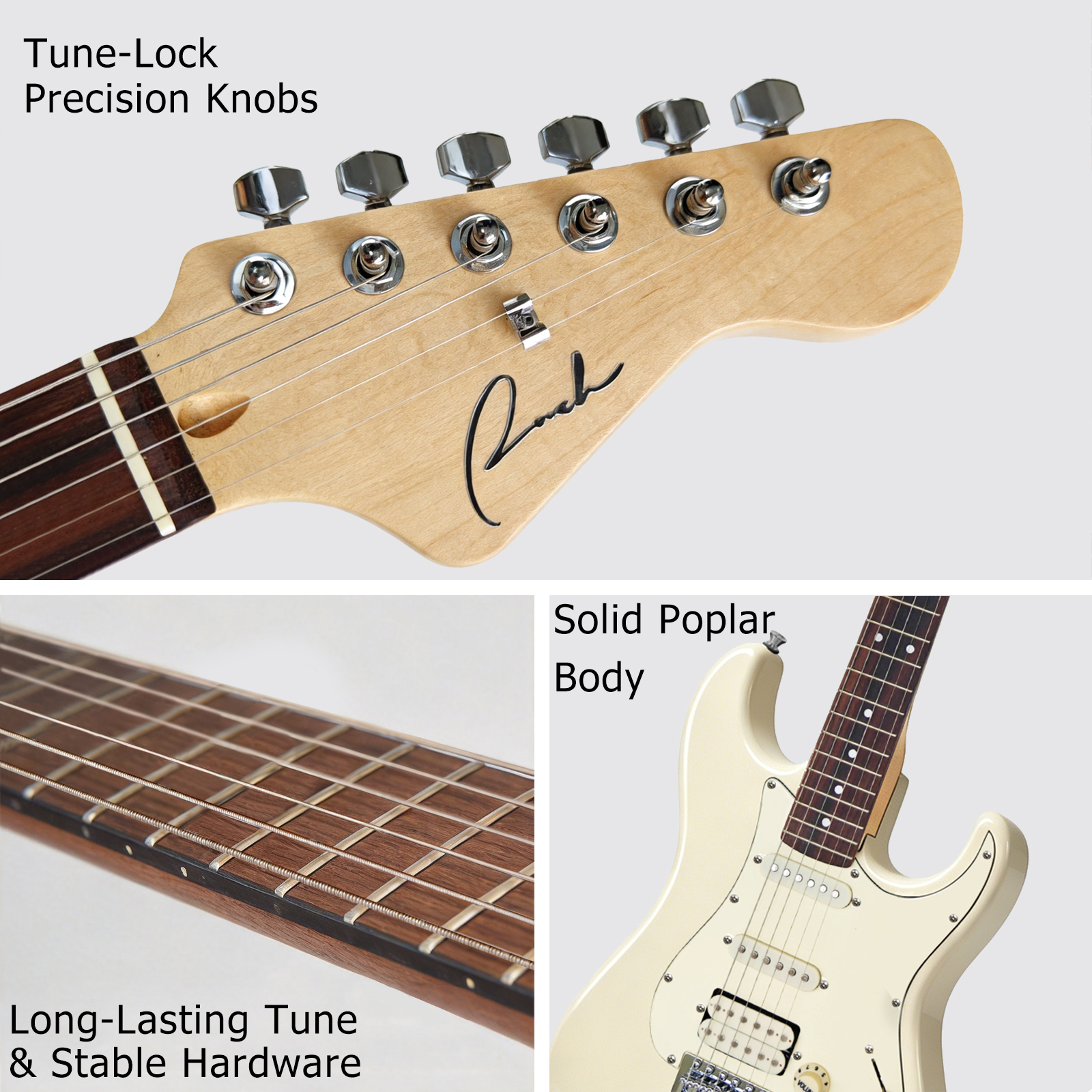 ranch-guitar-st-headstock-poplar-body-details Ranch ST style headstock, smooth maple neck, and solid poplar body close-up