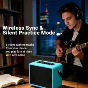 Guitarist playing electric guitar with headphones muted practice at home on desktop amp