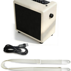 Cream white Ranch mini electric guitar amplifier with a USB-C charging cable and shoulder strap