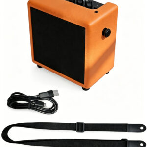 Orange Ranch mini electric guitar amplifier with a USB-C charging cable and shoulder strap