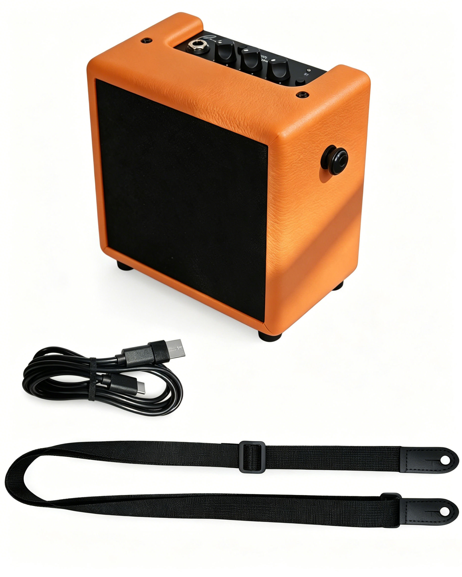 Orange Ranch mini electric guitar amplifier with a USB-C charging cable and shoulder strap