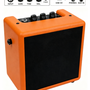 Ranch portable electric guitar amplifier showing control knobs, OTG port, and headphone jack