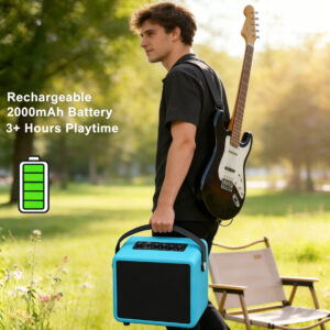 Musician carrying portable rechargeable guitar amp with handle outdoors, 2000mAh battery