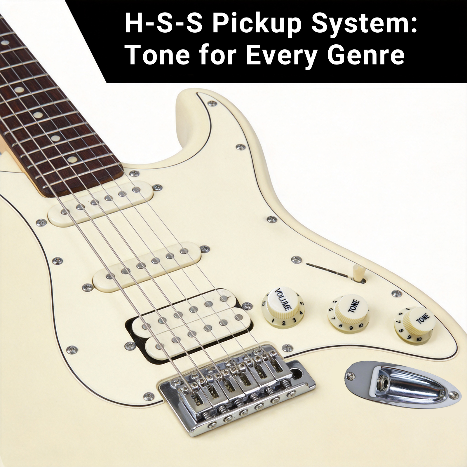 ranch-st-guitar-hss-pickup-system-hardware Close-up of Ranch electric guitar custom HSS pickup system and volume controls