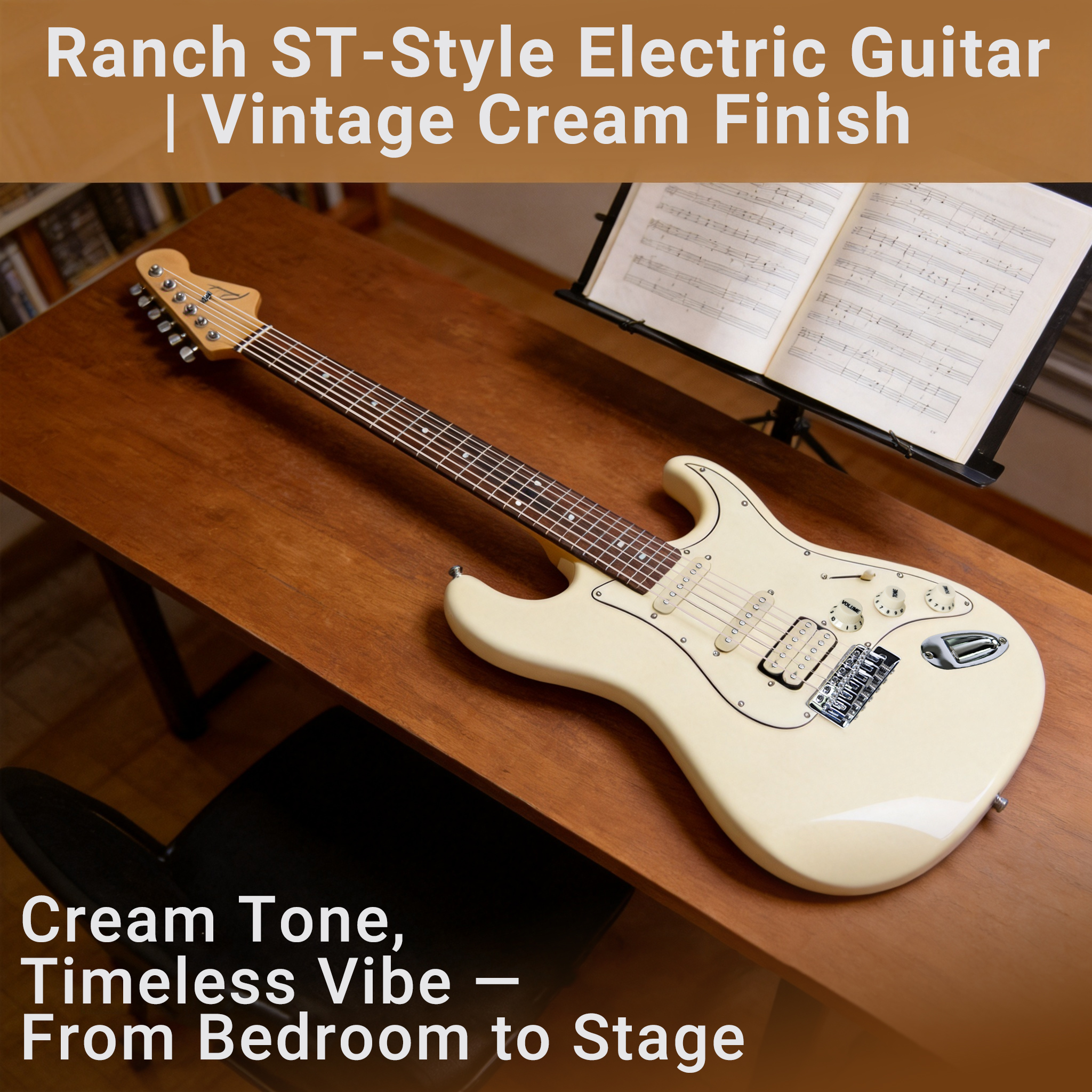 ranch-st-style-electric-guitar-vintage-cream Ranch ST-style electric guitar in a vintage cream finish resting on a wooden desk