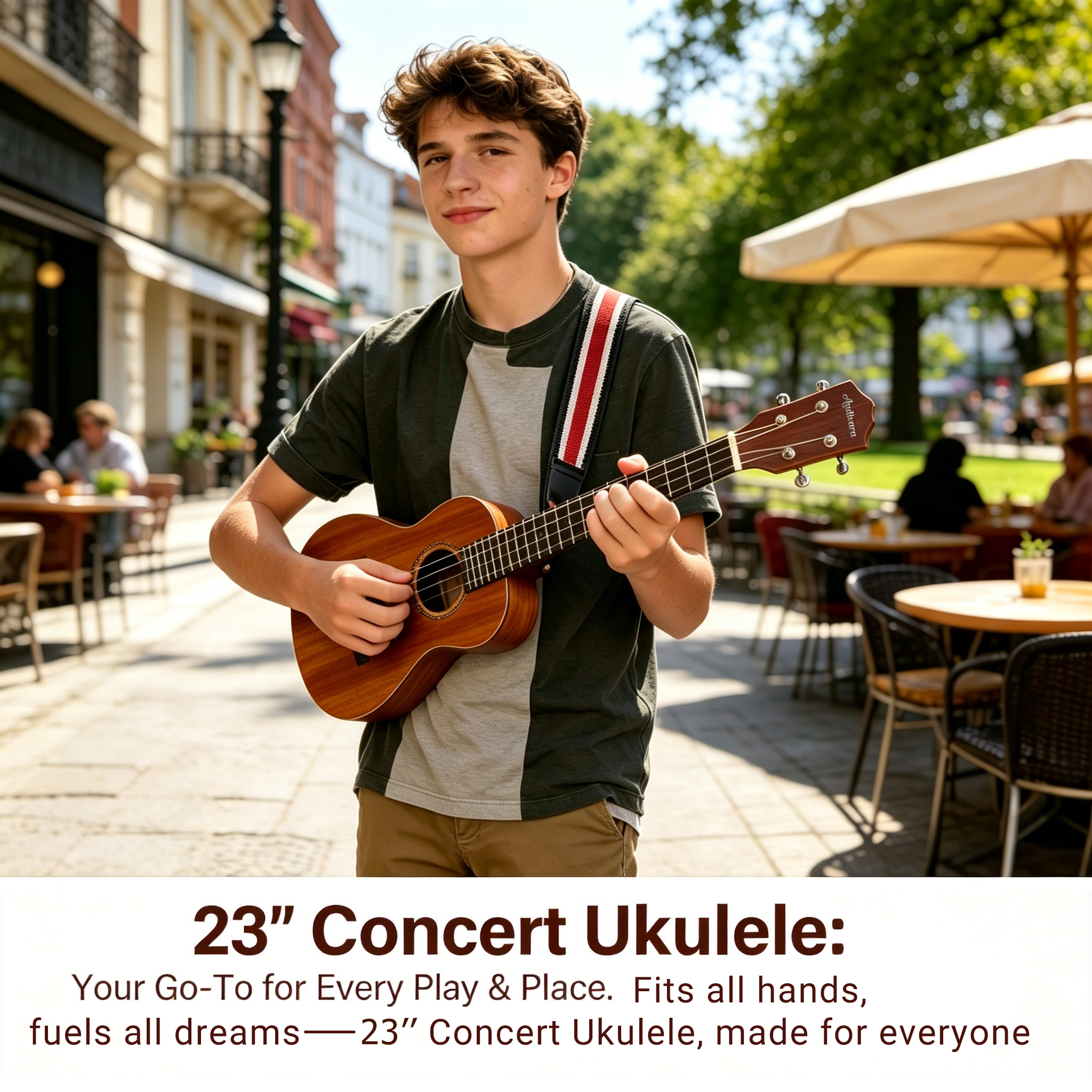 teenager-playing-audivara-concert-ukulele-outdoors-lifestyle A young musician happily playing an Audivara 23 inch concert ukulele outside