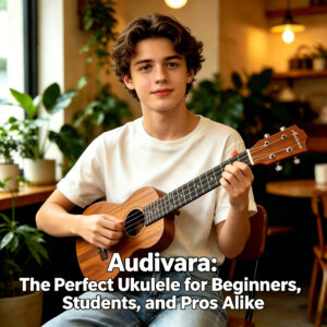 A young student smiling and playing Audivara concert ukulele inside a cozy cafe