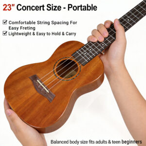 Hands holding a 23 inch concert ukulele showing portable size and comfortable freting