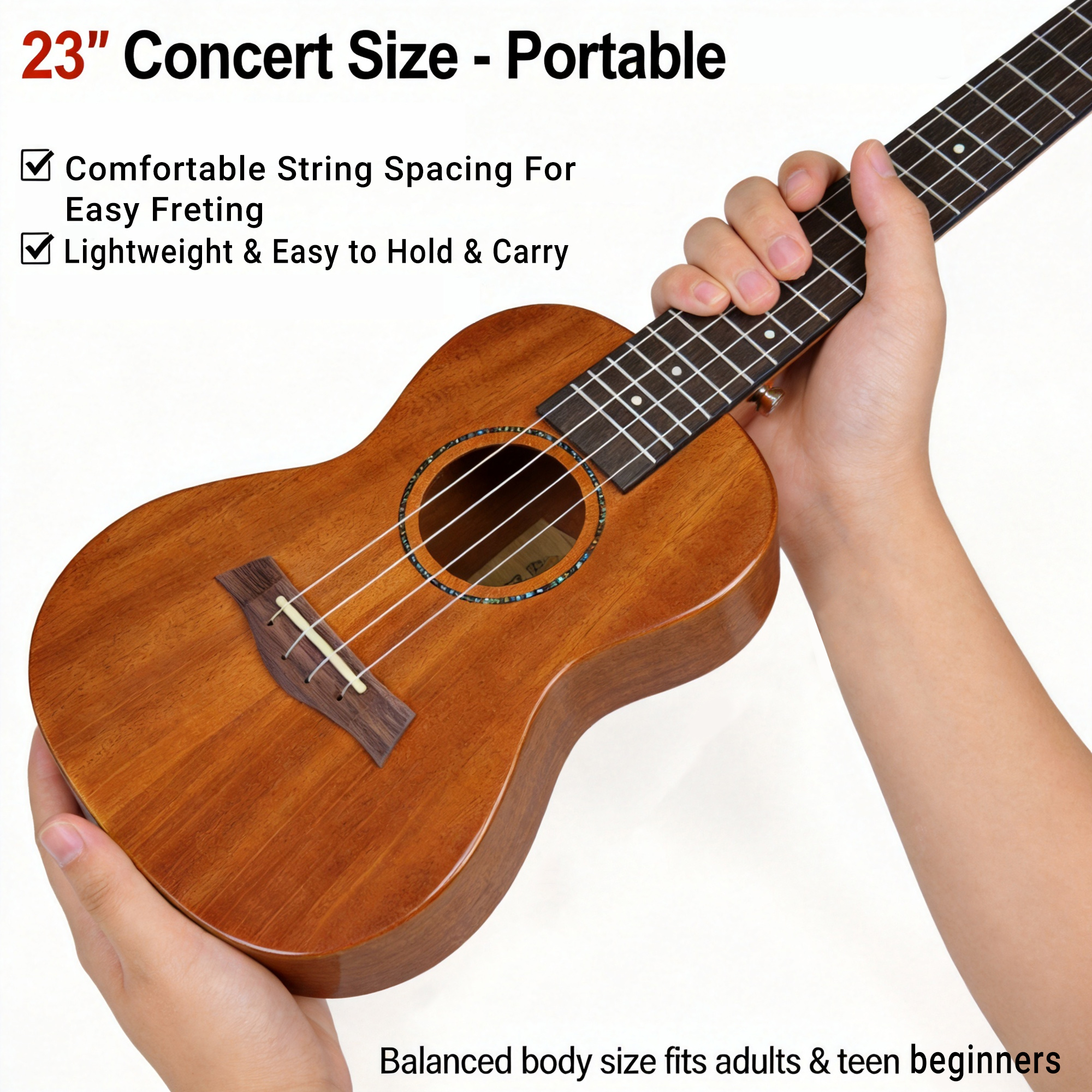 Hands holding a 23 inch concert ukulele showing portable size and comfortable freting
