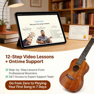A tablet displaying a 12-step video lesson alongside a Ranch concert ukulele