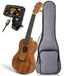 Concert ukulele starter kit with a gray gig bag and digital tuner