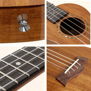 Craftsmanship details of ukulele soundhole, bridge, and fretboard