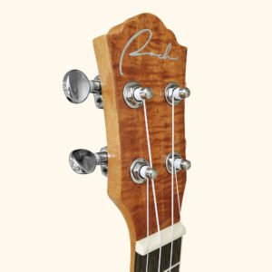 Closeup of Ranch 23 inch ukulele headstock with chrome tuning pegs