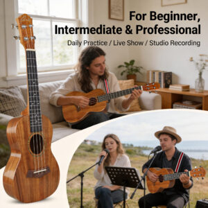 Musicians playing acoustic ukulele for daily practice and live performance