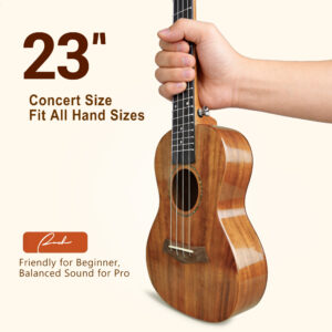Hand holding a 23 inch concert size ukulele fit for all hand sizes