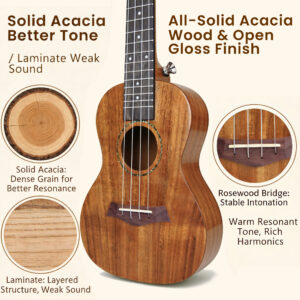 Infographic showing benefits of solid acacia wood for better resonance