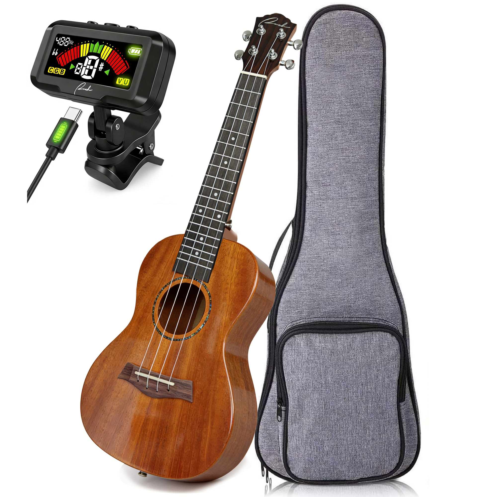 Ranch 23 inch solid mahogany ukulele bundle with a gray gig bag and digital tuner