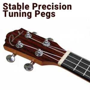 Close up of ukulele headstock featuring stable chrome precision tuning pegs