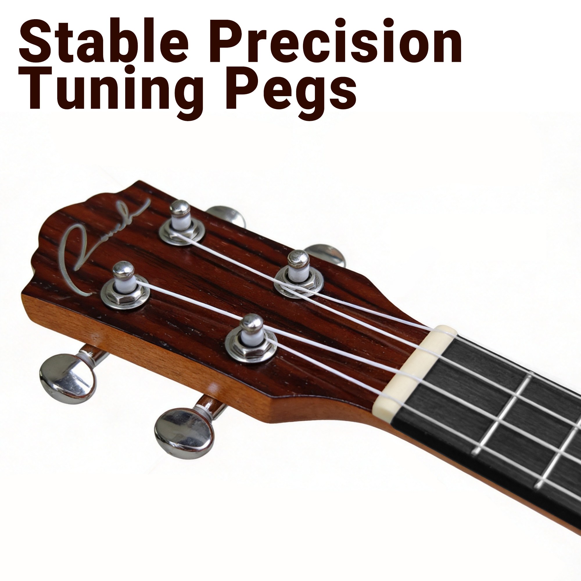 Close up of ukulele headstock featuring stable chrome precision tuning pegs