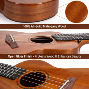 Details of 100% all solid mahogany wood ukulele body with an open gloss finish