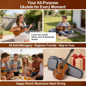 Four panel grid showing people playing ukulele outdoors and uke gift packaging