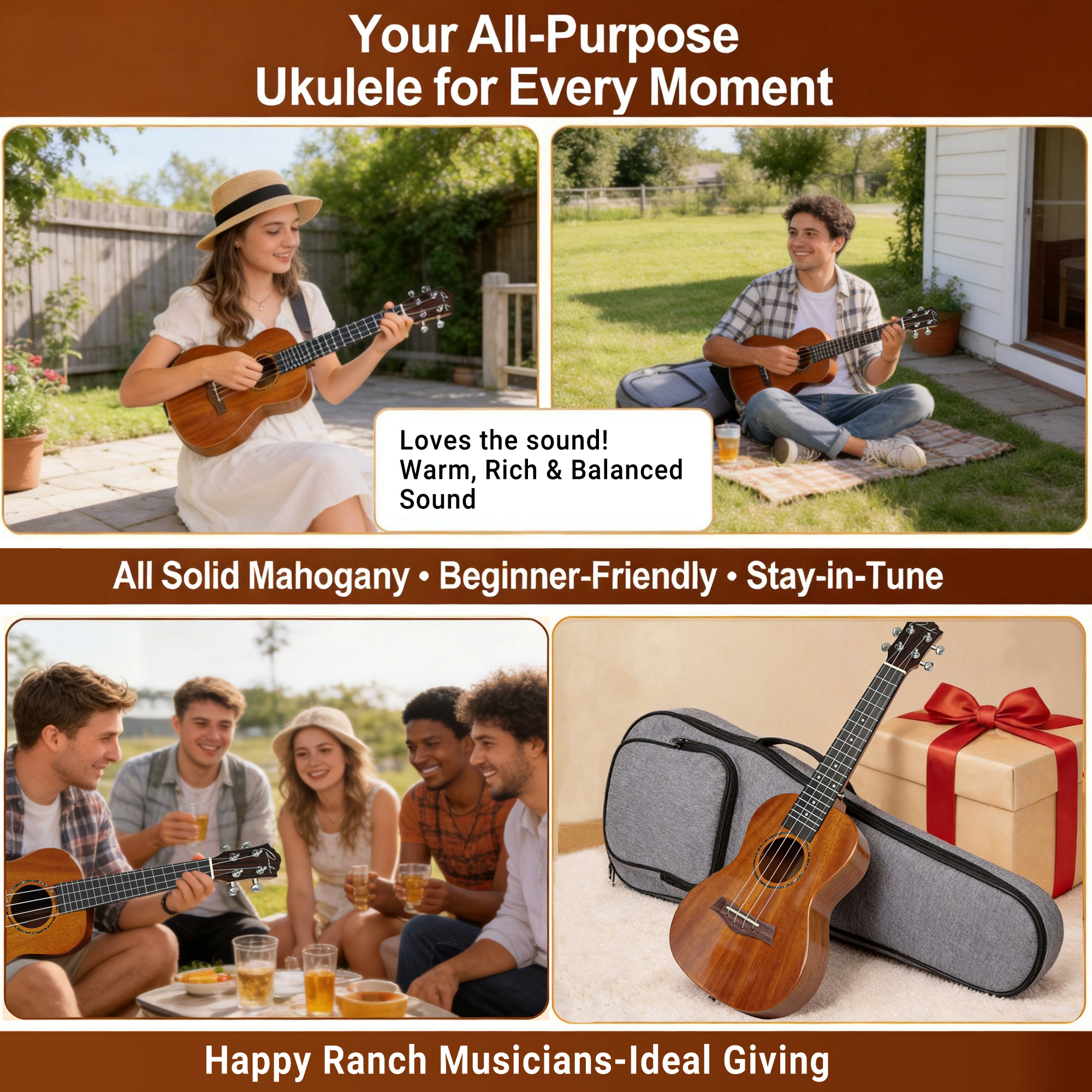 Four panel grid showing people playing ukulele outdoors and uke gift packaging